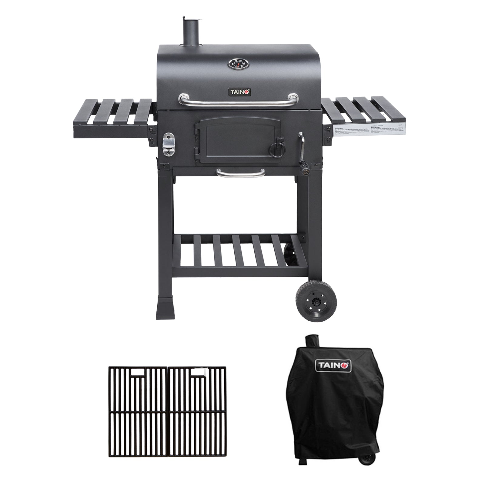 Schwarzer TAINO Grill mit Deckel, Thermometer, zwei Ablageflächen seitlich, darunter als Zubehör Grillrost und Abdeckhaube