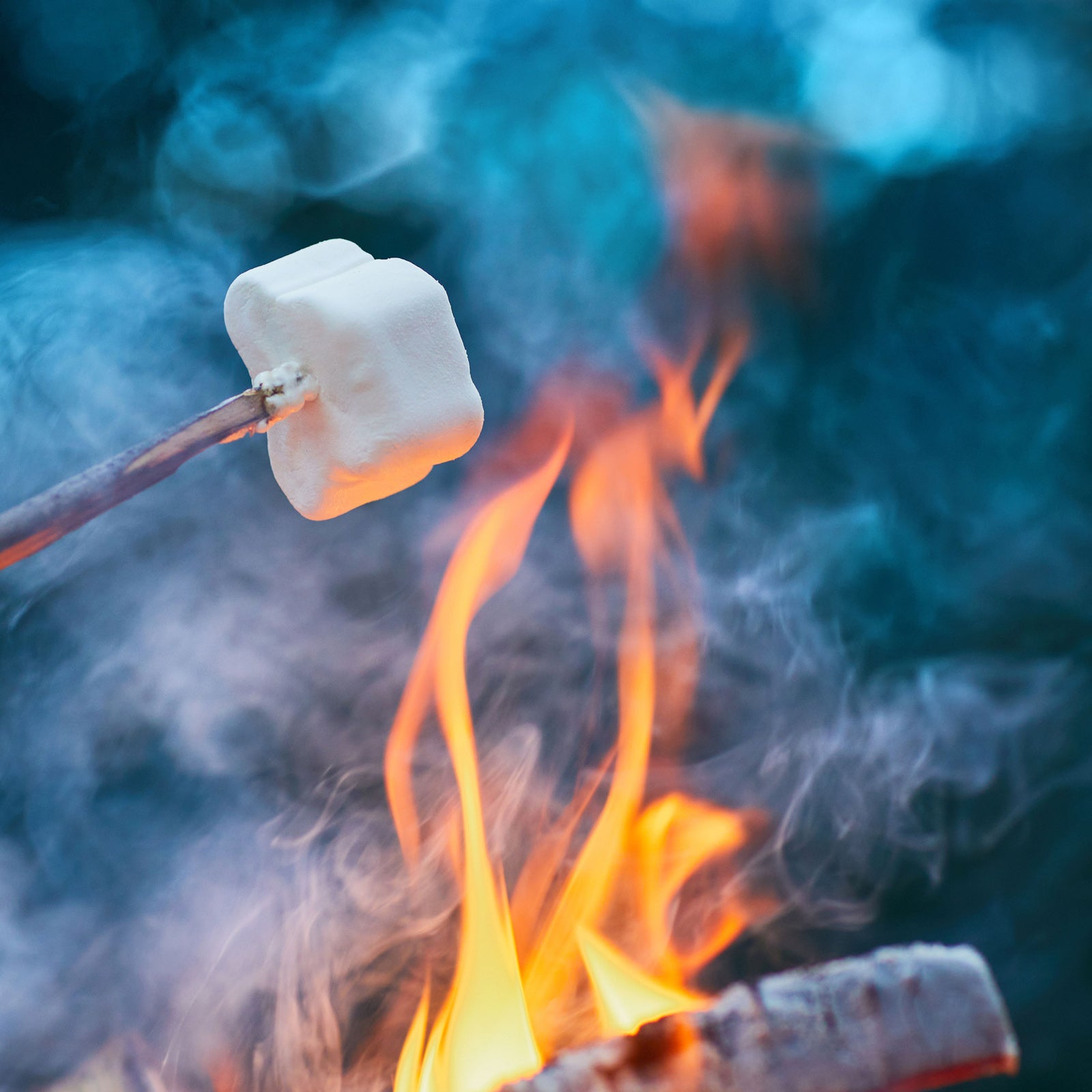 Marshmallow am Stock über einem Lagerfeuer