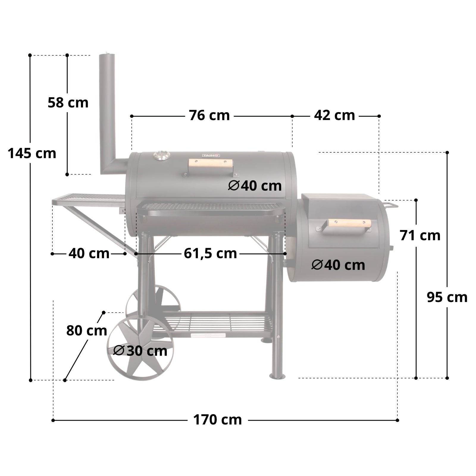 Maßbild TAINO YUMA Smoker - Gesamtmaße: Breite 170 cm, Höhe 145 cm, Tiefe 80 cm