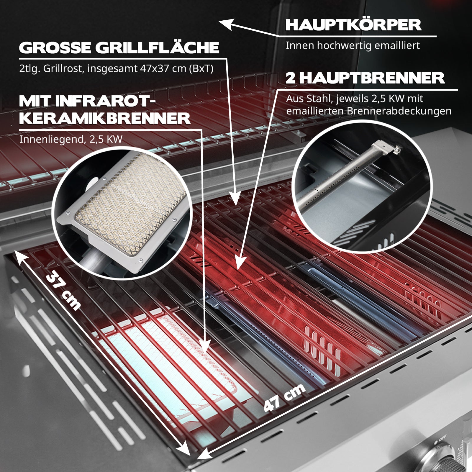 TAINO WABAYA Gasgrill Detailansicht des Garraums mit zwei Brennern und Infrarot-Keramikbrenner