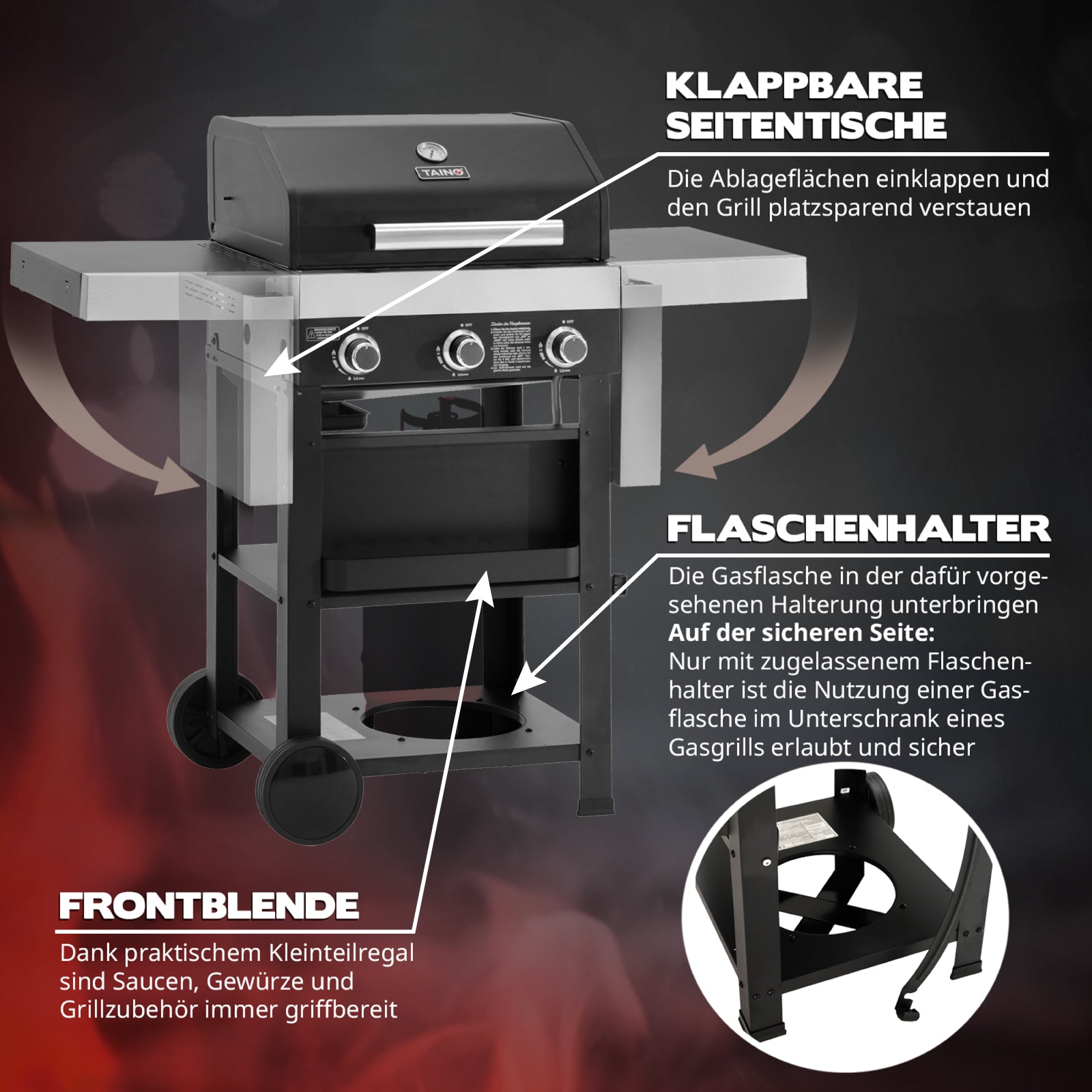 TAINO WABAYA Gasgrill Schaubild der Ausstattungshighlights klappbare Seitentische, Gasflaschenhalter und Frontblende mit Gewürzregal