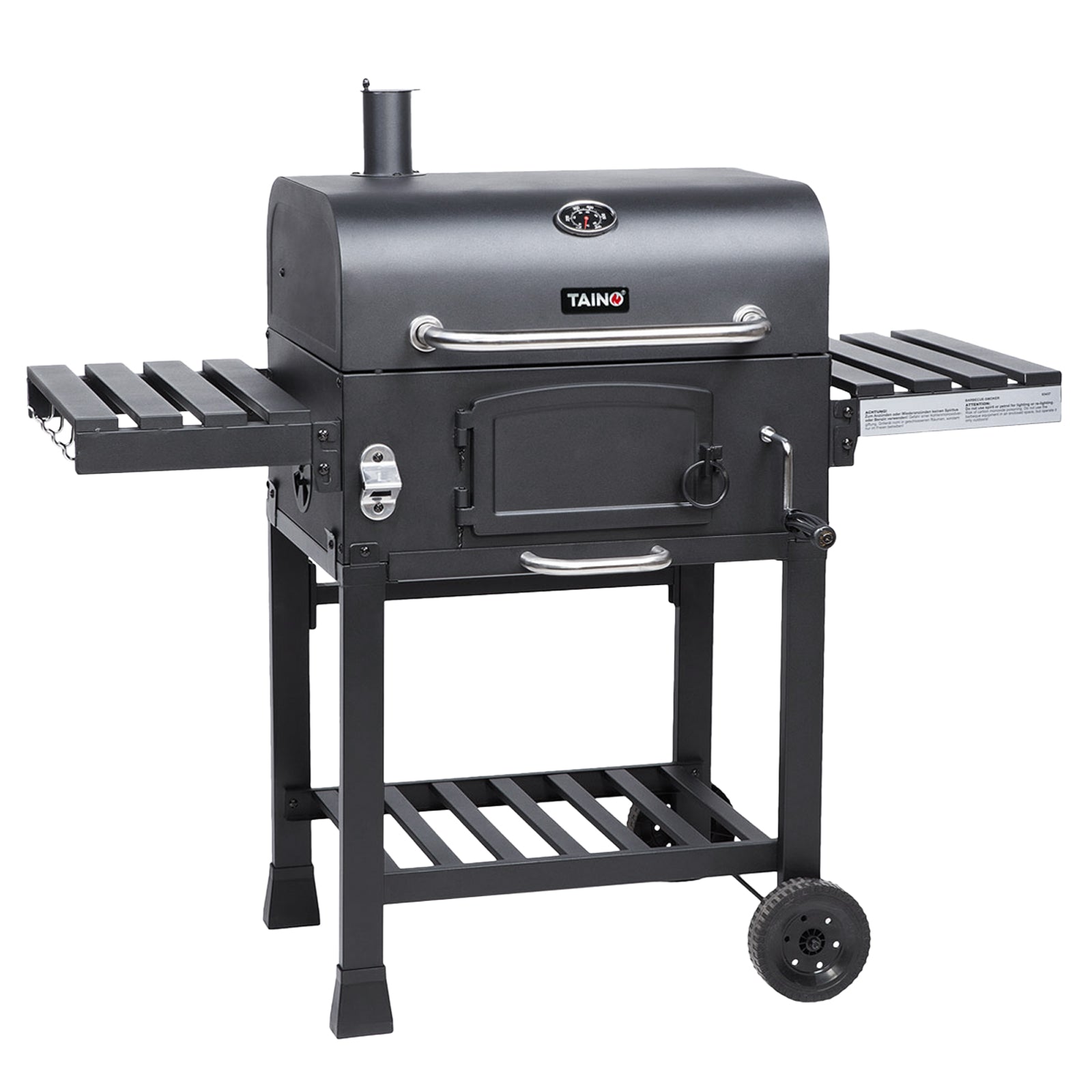 Schwarzer TAINO Grill mit Deckel, Thermometer, zwei Ablageflächen seitlich, Untergestell mit Rollen