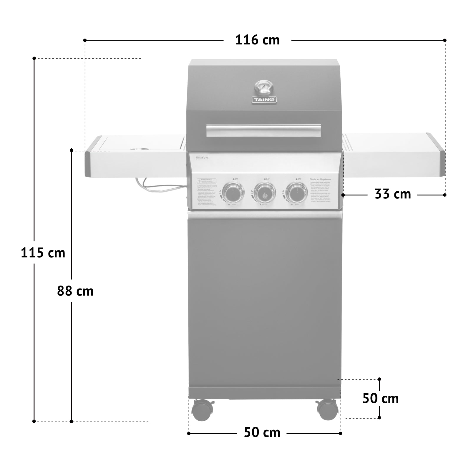 Maßbild TAINO BLACK 2+1 Gasgrill Breite 116 cm, Höhe 115 cm, Tiefe 50 cm