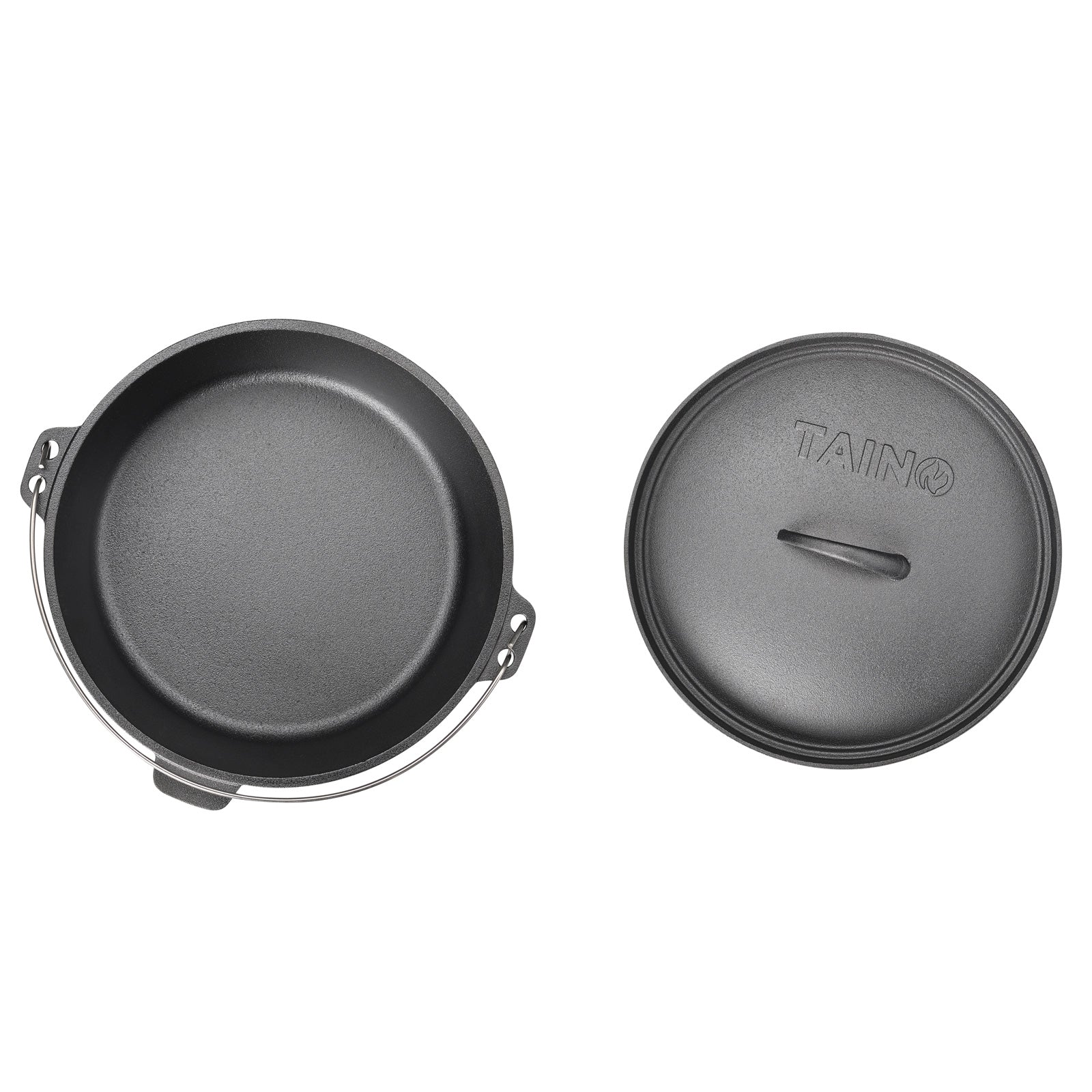 TAINO Dutch Oven Set von oben - Der Deckel mit TAINO Logo liegt daneben