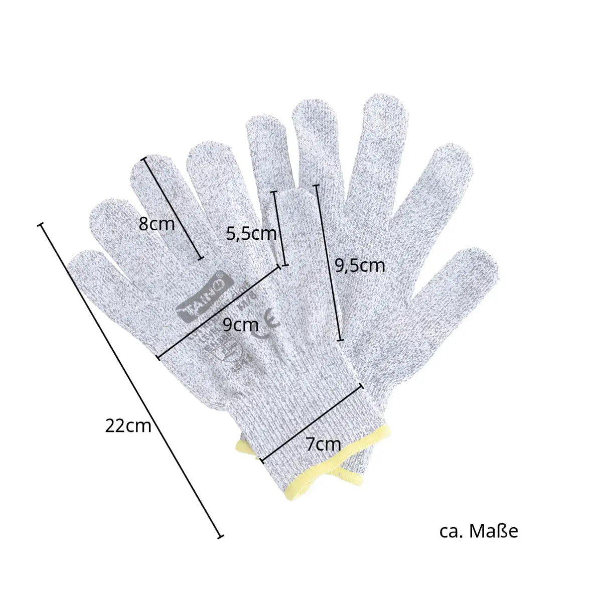 Maße der Schnittschutzhandschuhe Größe M: Länge 22 cm, Handbreite 9 cm, Bundbreite 7 cm, Fingerlänge 8 cm, Daumenlänge 5,5 cm