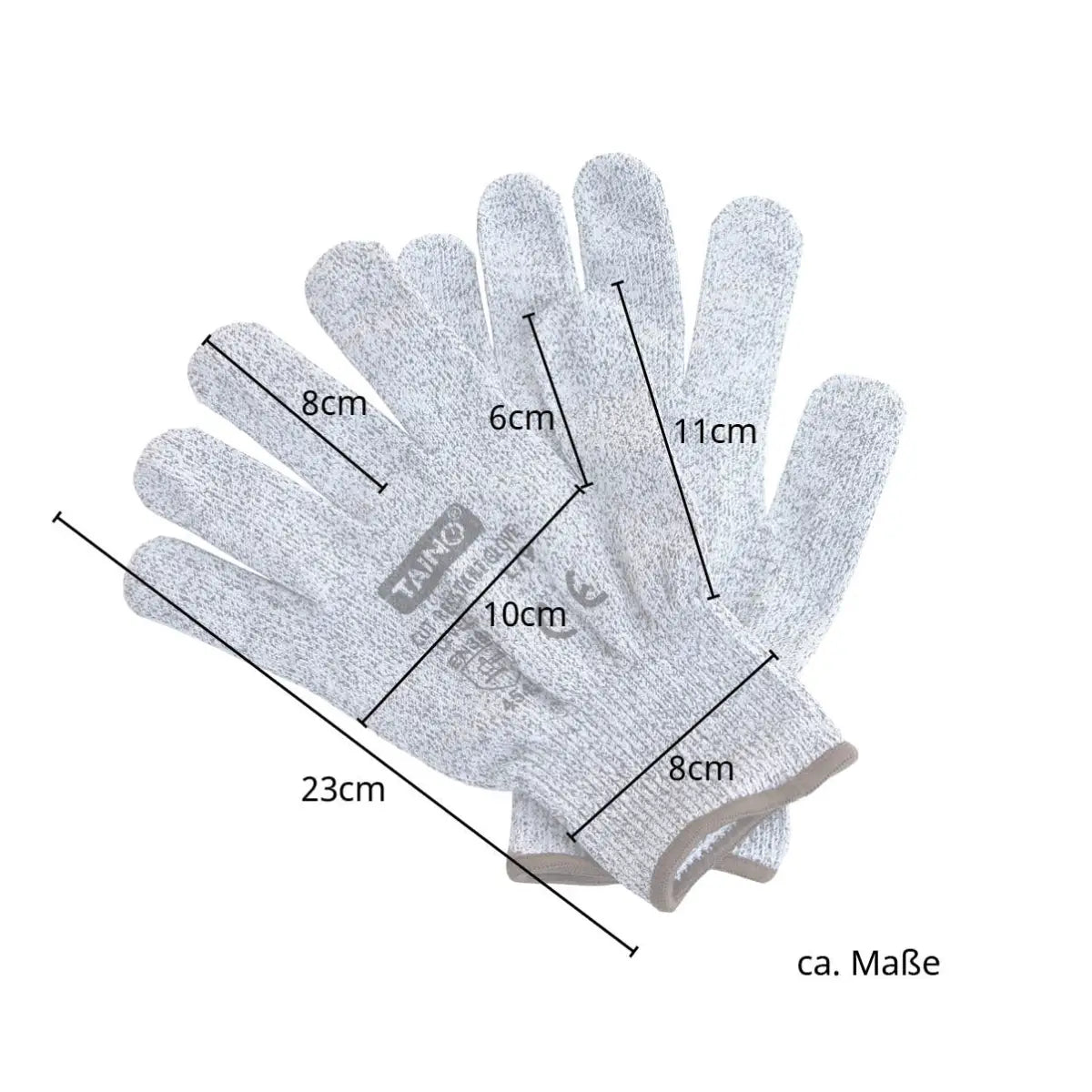 Maße der Schnittschutzhandschuhe Größe L: Länge 23 cm, Handbreite 10 cm, Bundbreite 8 cm, Fingerlänge 8 cm, Daumenlänge 6 cm