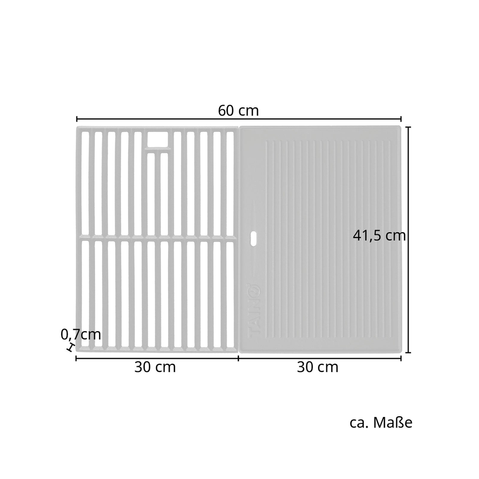 Maße Grillrost und Grillplatte: jeweils 30 x 41,5 cm - Materialstärke 0,7 cm