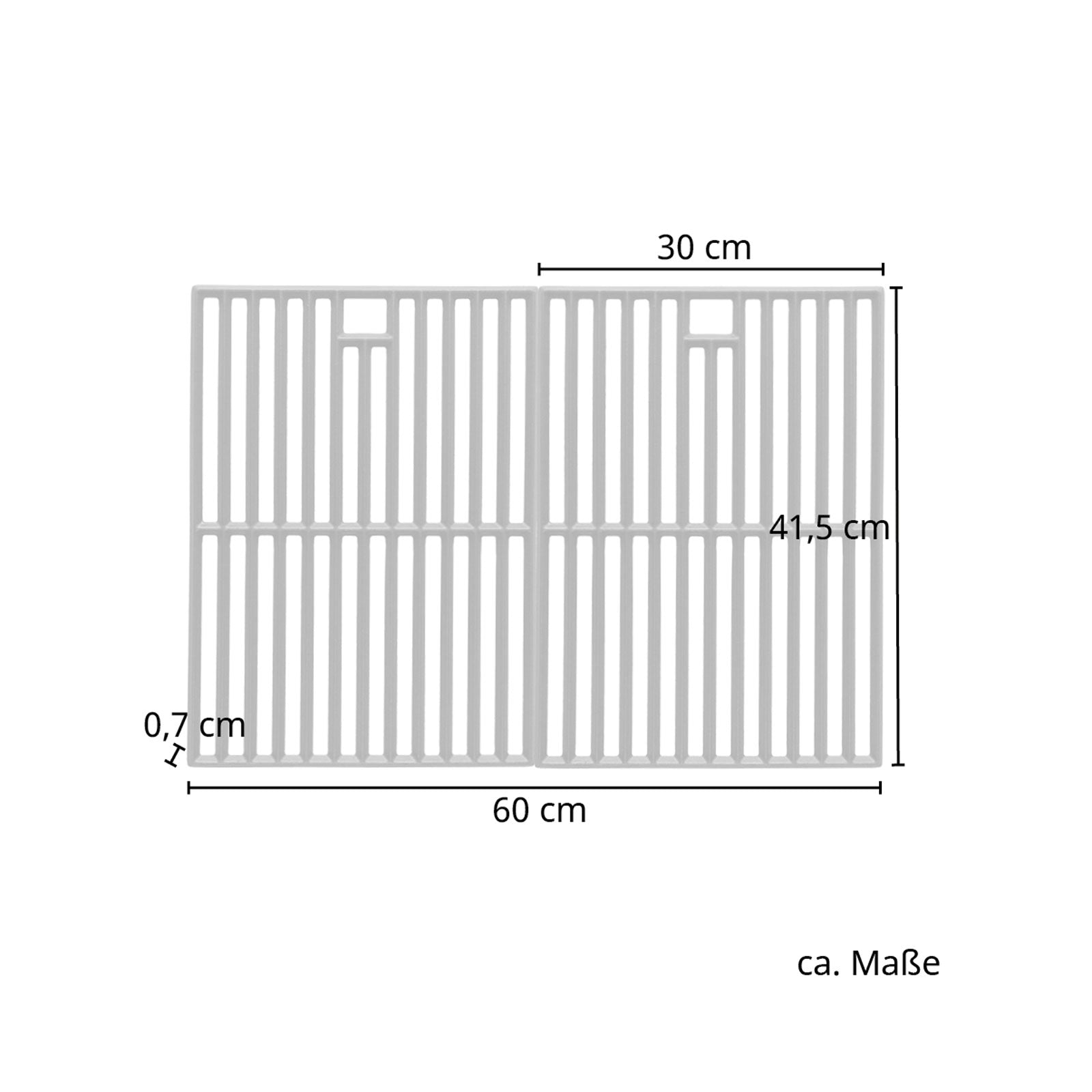 Maße des Gusseisen Grillrosts pro Element: 30 x 41,5 cm; gesamt: 60 x 41,5 cm - Materialstärke: 0,7 m
