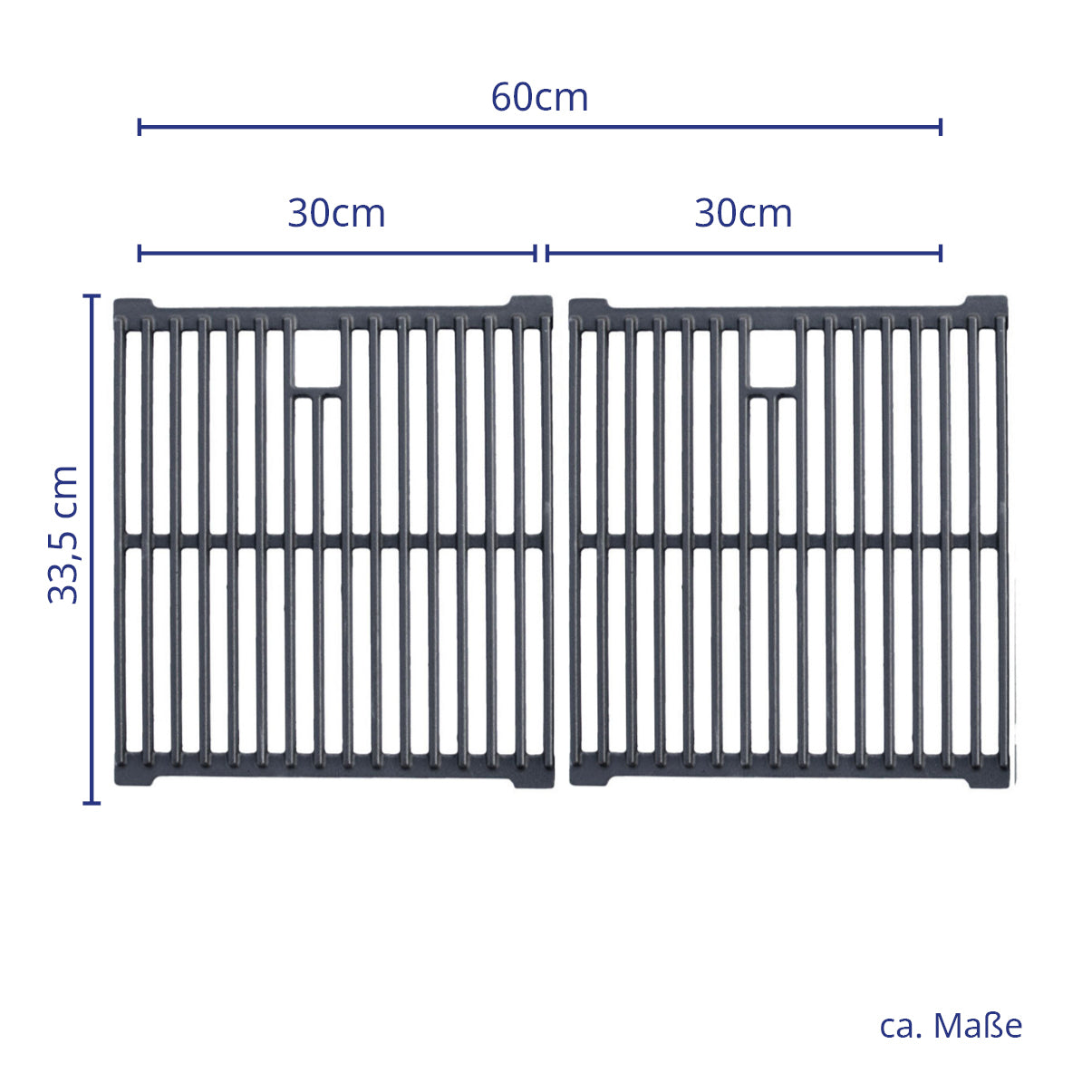 Maße der Grillroste: jeweils 30 x 33,5 cm; gesamt: 60 x 33,5 cm