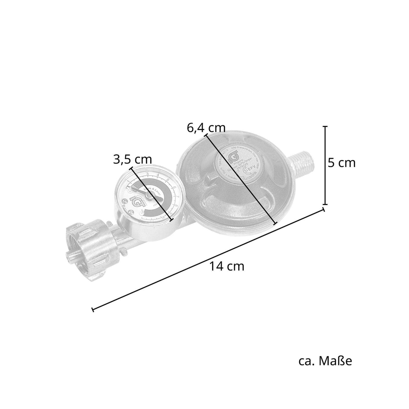 Maße des Gasdruckminderers mit Manometer: Länge 14 cm, Breite 6,4 cm, Höhe 5 cm, Durchmesser Druckanzeige 3,5 cm