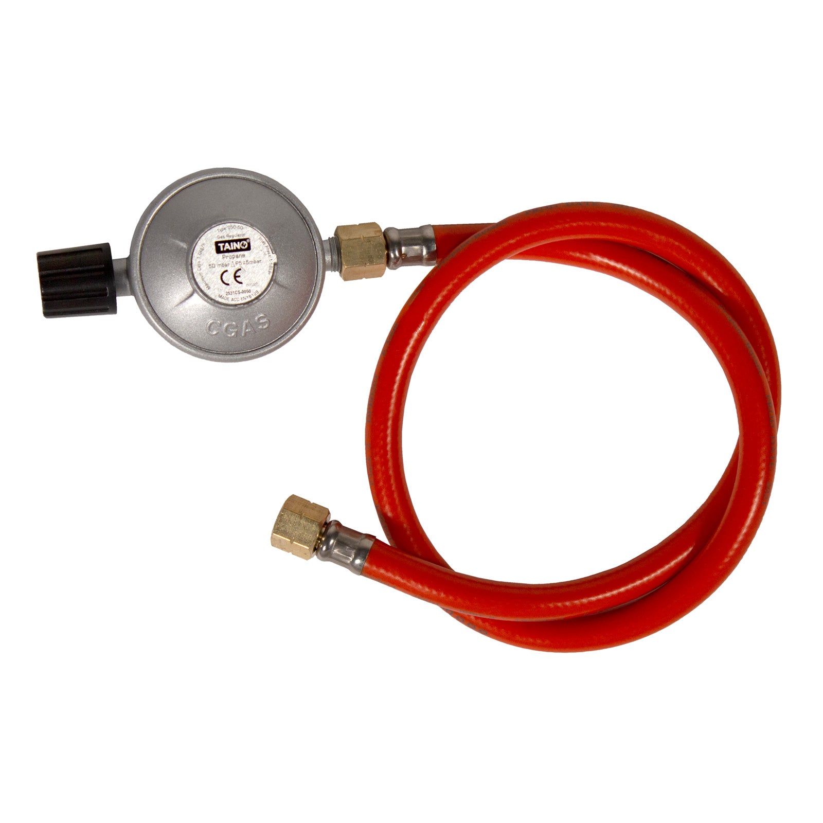 Gasdruckminderer Gaskartusche 7/16" auf 1/4" LH 50 mbar mit Schlauch