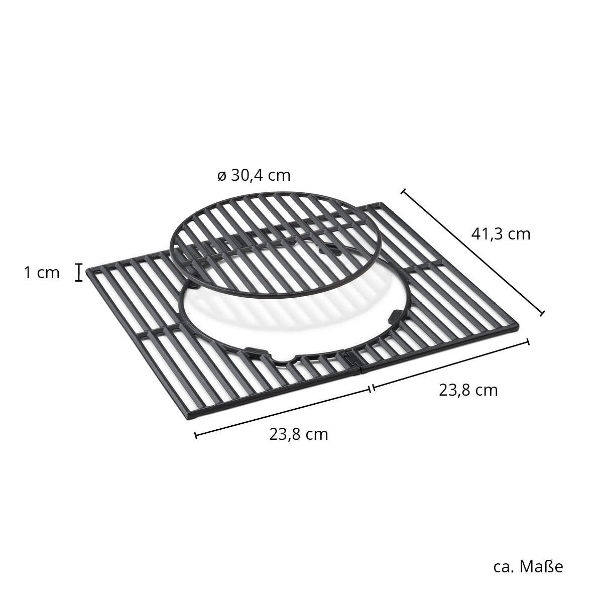 Maße FLEX Gusseisen  Grillrost: 41,3 x 47,6 cm - Durchmesser Rundelement 30,4 cm - Materialstärke 1 cm