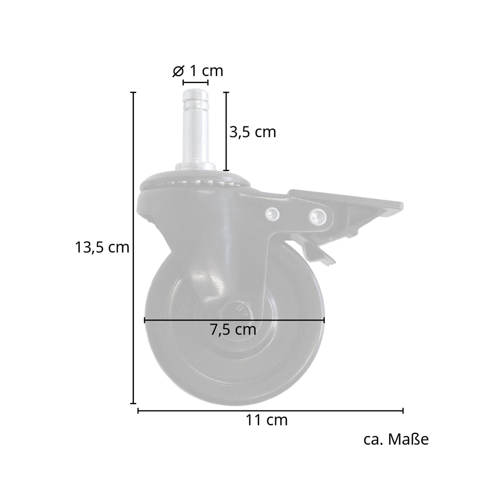Maßangaben der Rollen Höhe 13,5 cm, Länge 11 cm, Radbreite 7,5 cm, Stangendurchmesser 1 cm