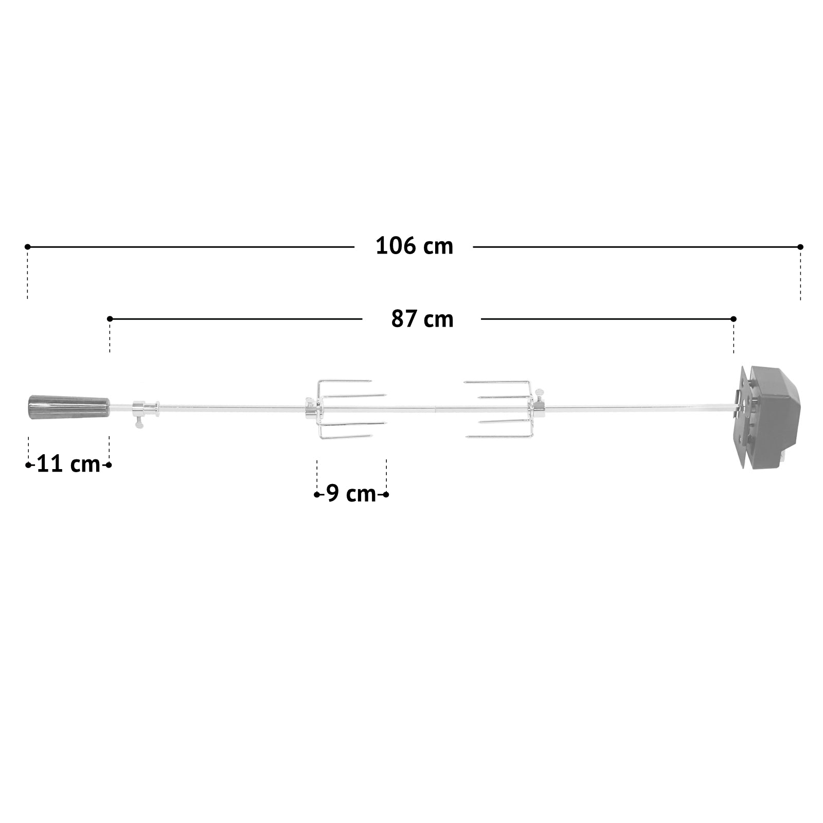 TAINO RED elektrischer Grillspieß - Maße Länge gesamt: 106 cm, Länge des Spießes: 87 cm, Länge der Gabelzinken: 9 cm, Länge des Griffs: 11 cm