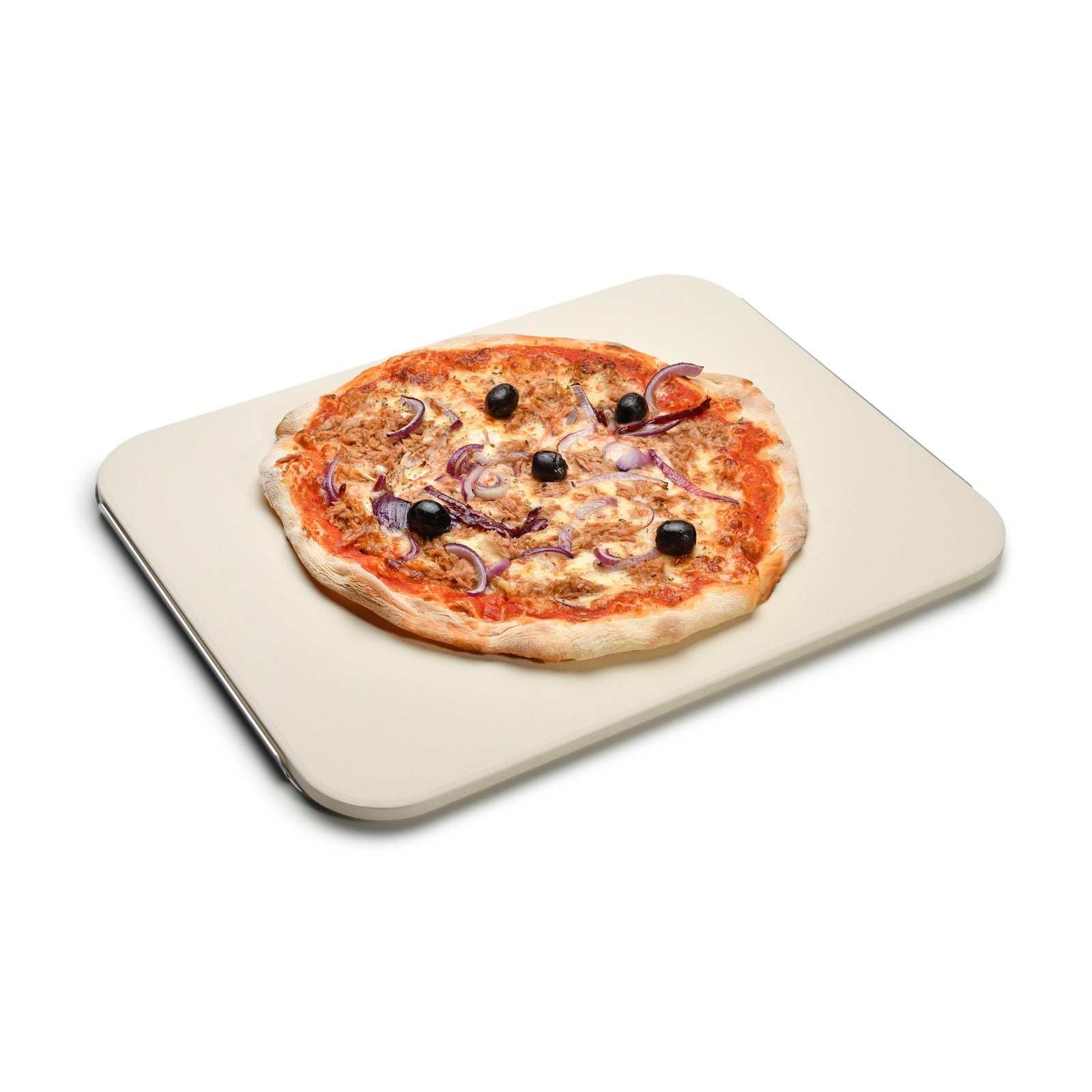 Pizzastein mit passendem Blech und knuspriger Pizza