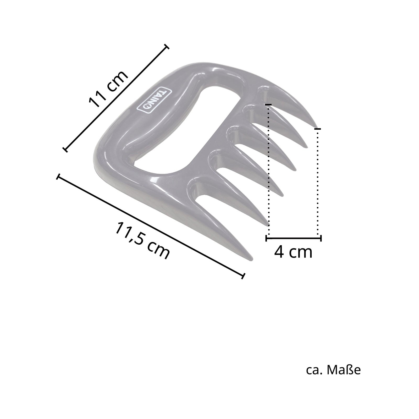 Maße der Fleischkrallen: Länge 11,5 cm, Breite 11 cm, Länge der Krallen 4 cm