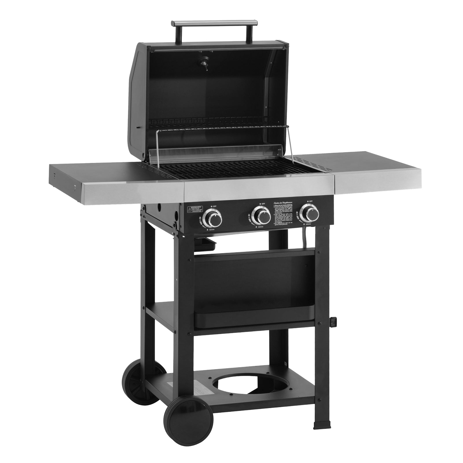 TAINO WABAYA Gasgrill mit geöffnetem Deckel und Warmhalterost im Garraum