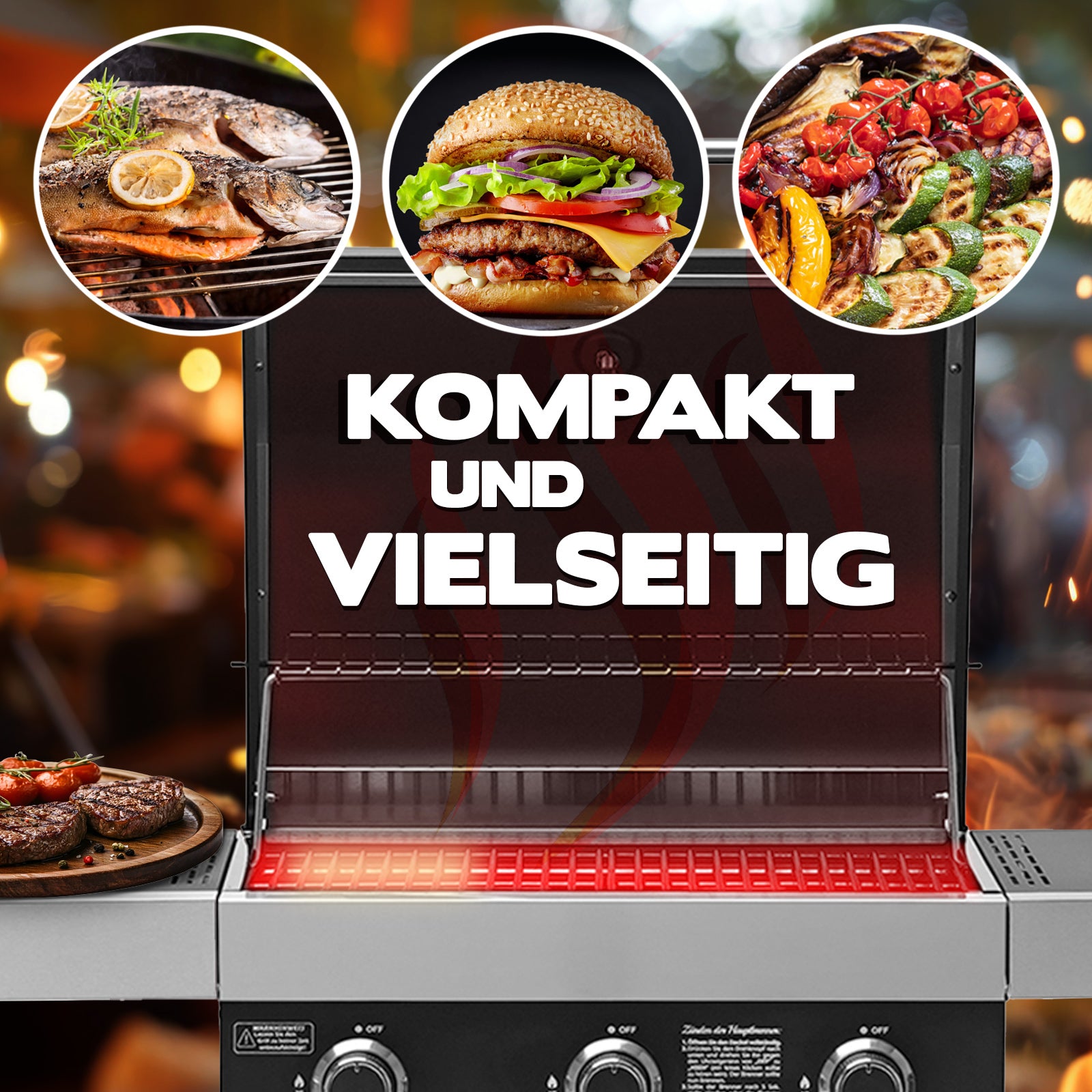 Kompakter und vielseitiger Gasgrill, darüber in drei Kreissymbolen gebratener Fisch, ein Hamburger und Grillgemüse