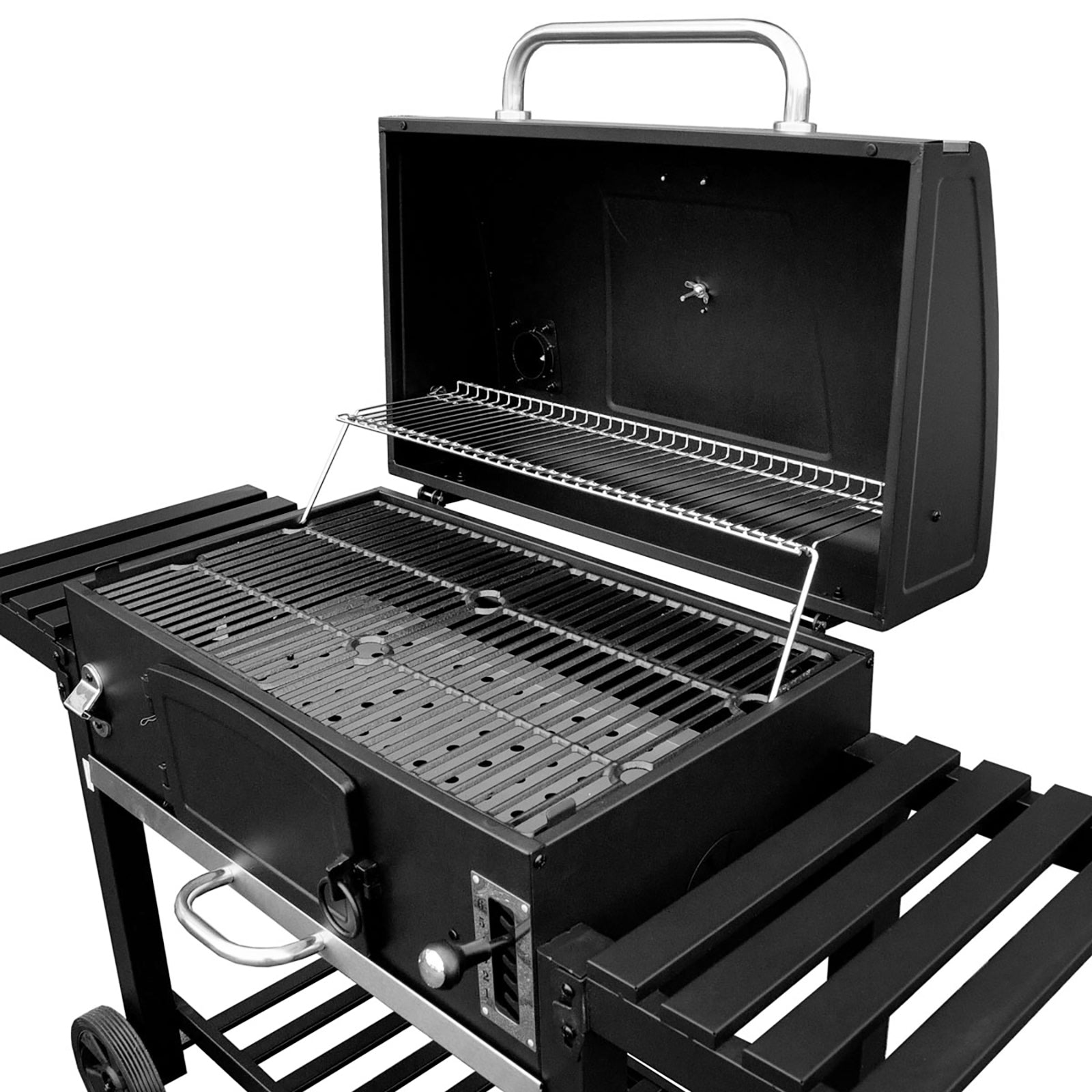 TAINO HERO XXL - Holzkohlegrill Detailansicht des Garraums mit geöffnetem Deckel 