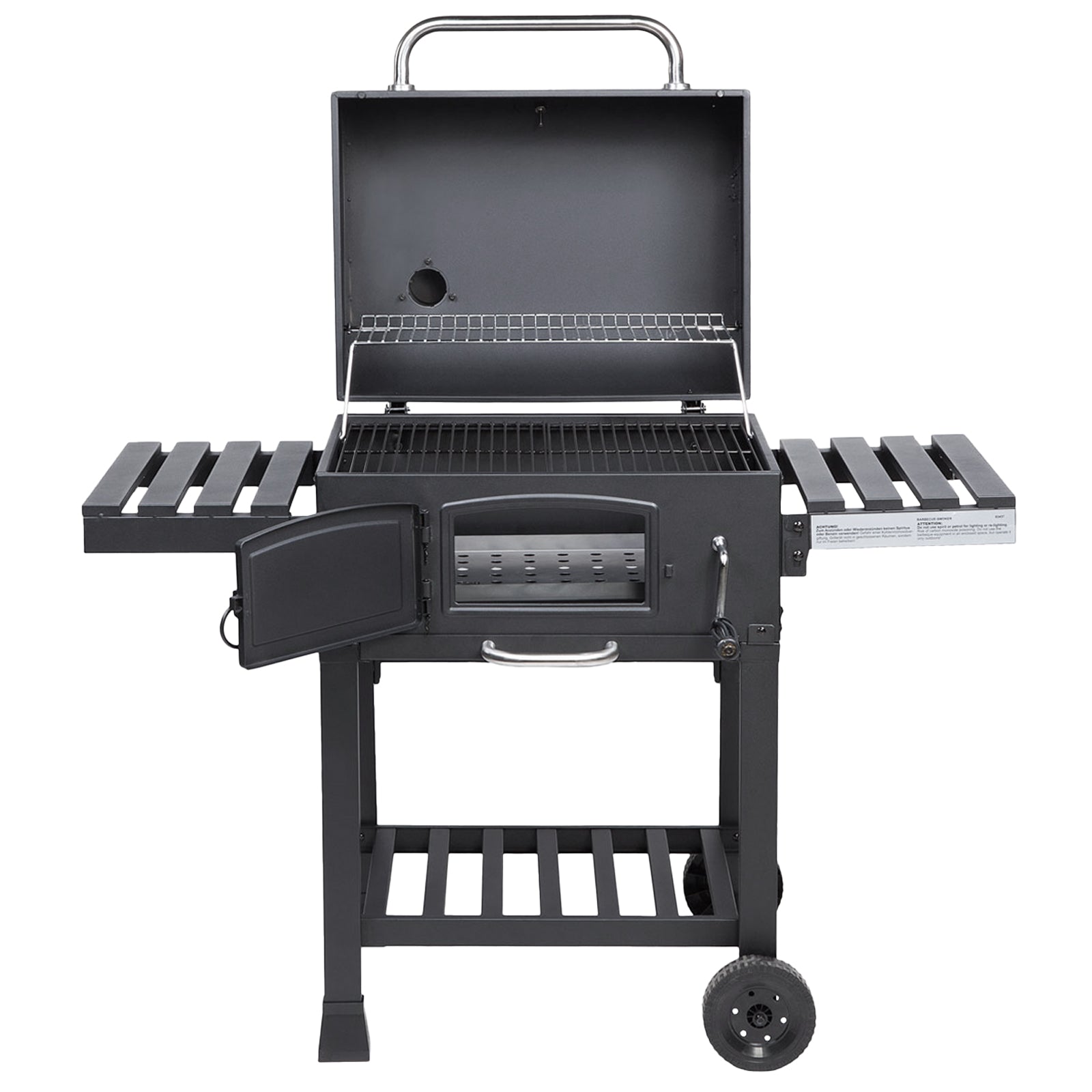 Schwarzer TAINO Grill mit geöffnetem Deckel und Kohlenkammer
