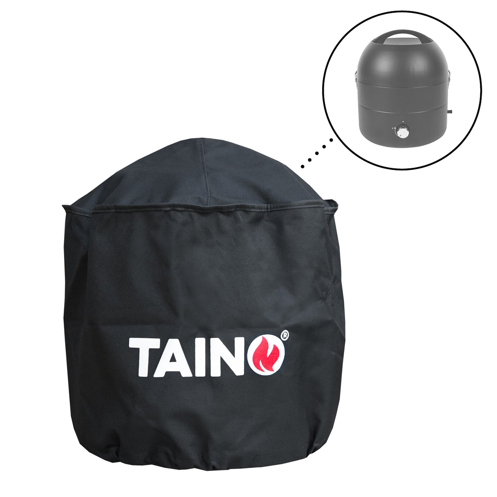 Schwarze Abdeckung mit weißem 'TAINO' Schriftzug für den Grill-to-Go mit Griff und Temperaturregler
