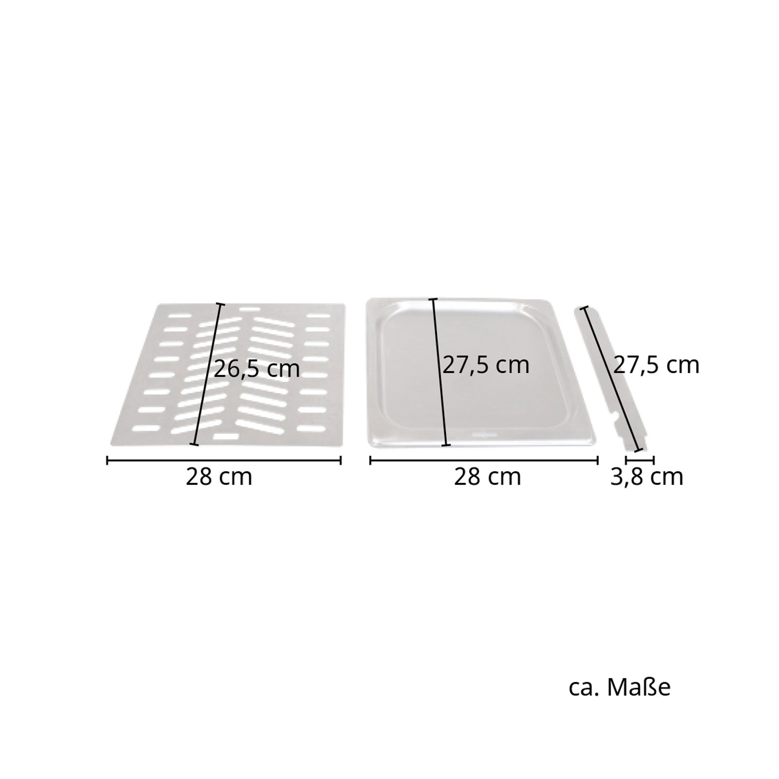 Maße Grillrost 26,5 x 28 cm, Fettwanne 27,5 x 28 cm, Rost-Heber 27,5 x 3,8 cm
