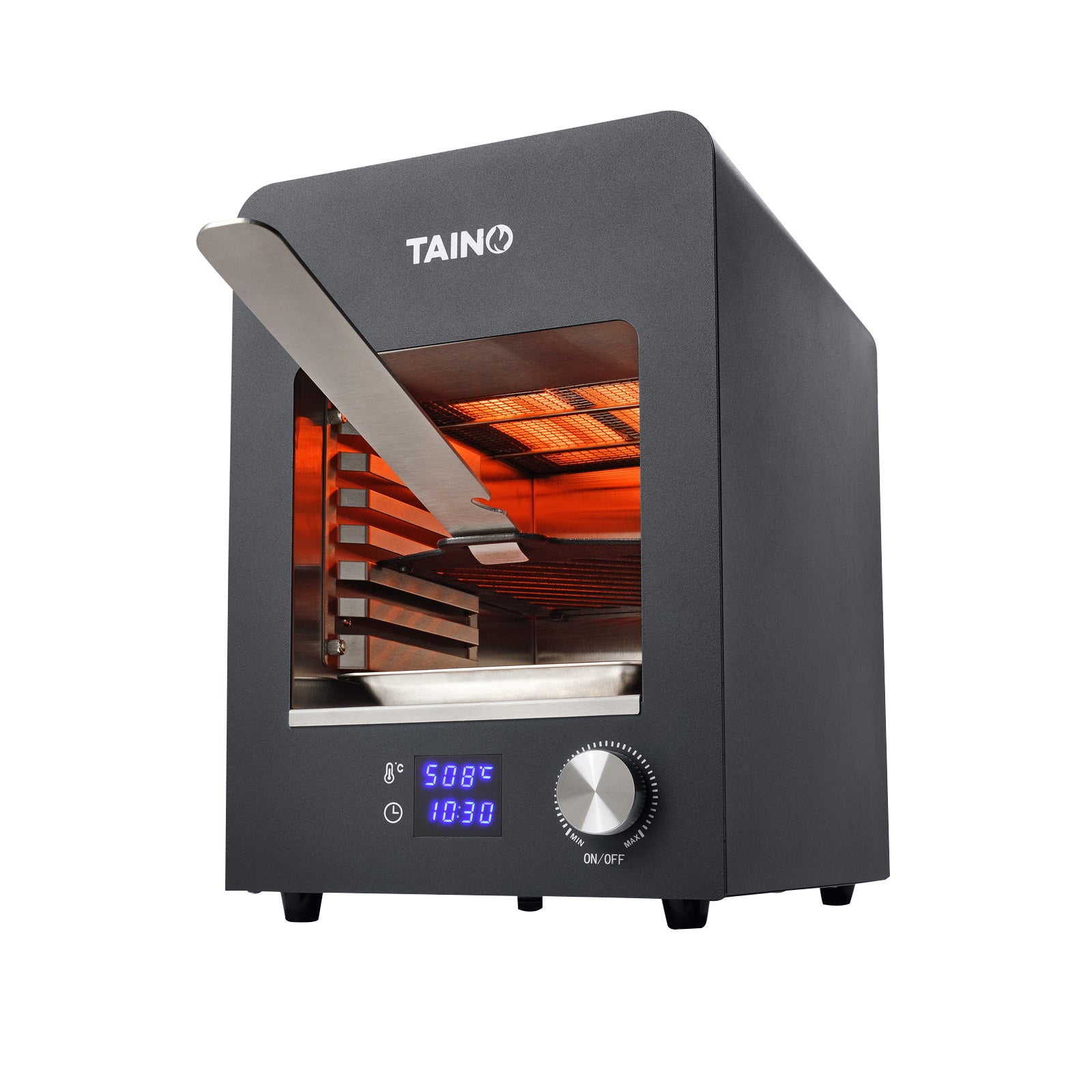 Schwarzer TAINO Oberhitzegrill mit digitalem Display und Drehregler, Innenraum mit Fettauffangschale und rot-glühendem Heizelement