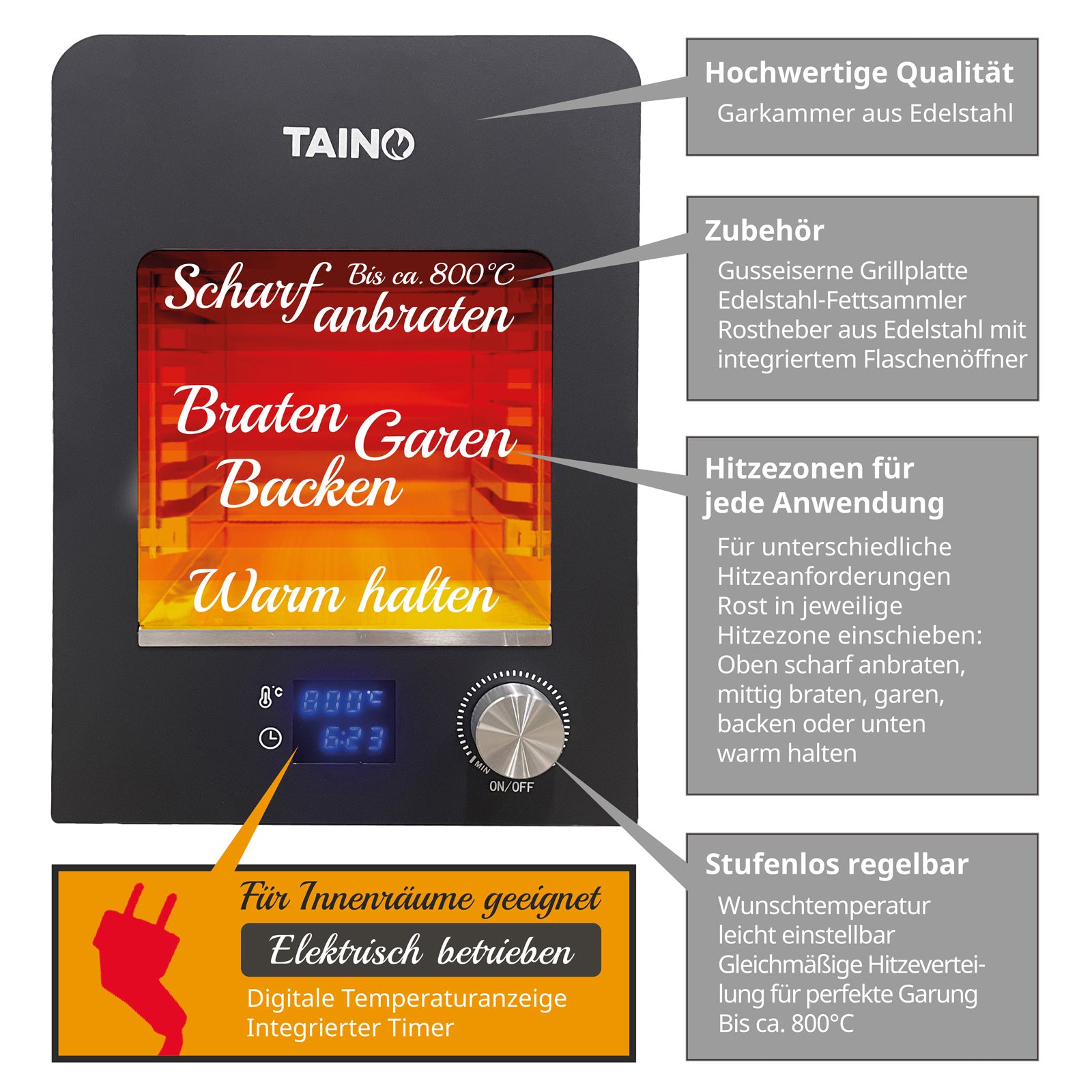 Taino elektrischer Oberhitzegrill mit Funktionen zum Braten, Garen, Backen und Warmhalten, inklusive Zubehör, mit drei Hitzezonen und stufenlos regelbarer Temperatur