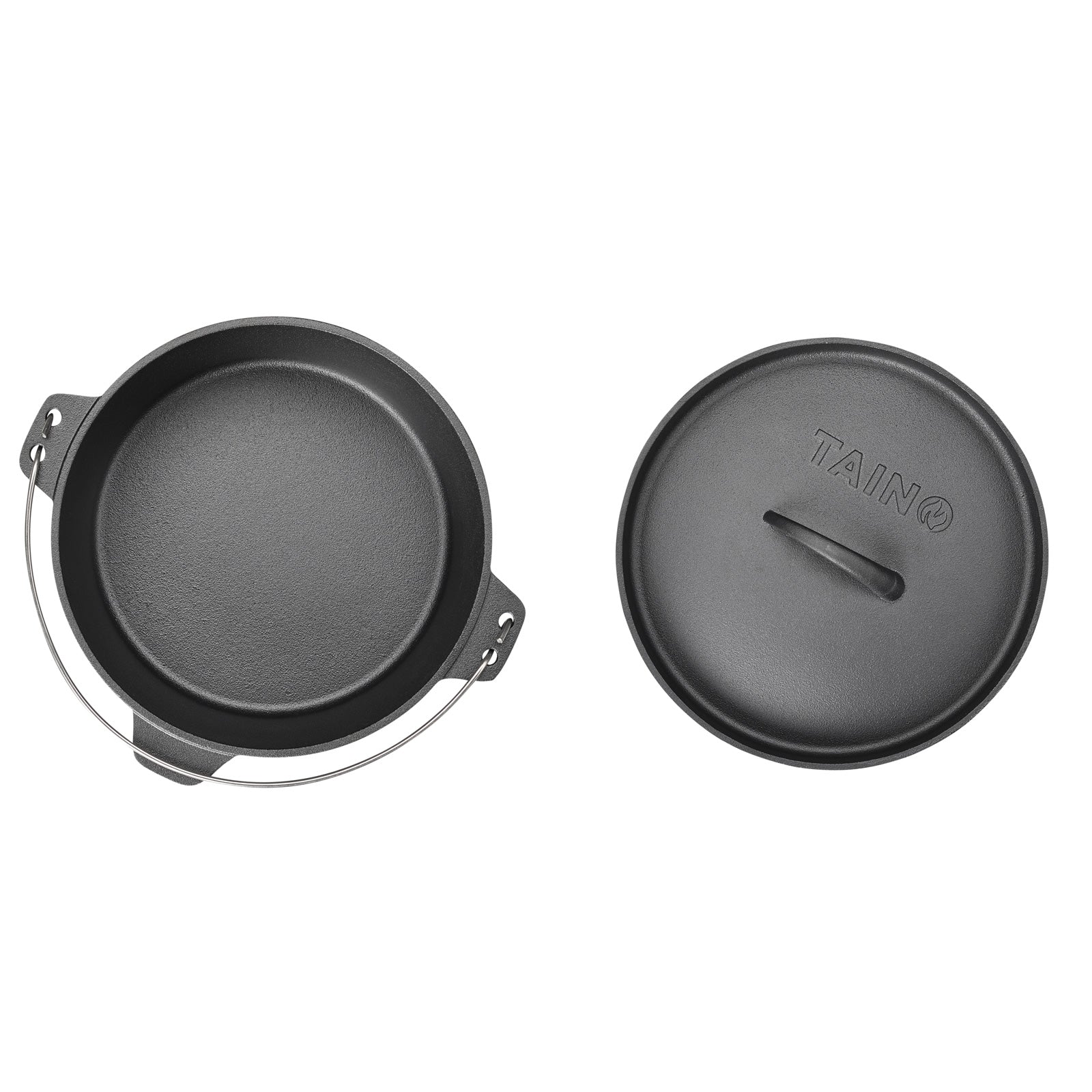 Dutch Oven aus Gusseisen von oben mit Deckel daneben