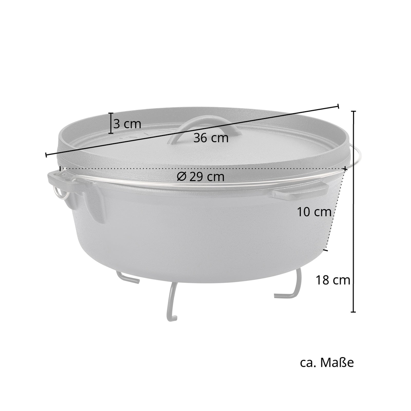 TAINO Dutch Oven 6 Liter Maße: Höhe Topf: 10 cm; Höhe Deckel:  cm; Höhe gesamt mit Ständer: 18 cm; Durchmesser: 36 cm; Innendurchmesser: 29 cm