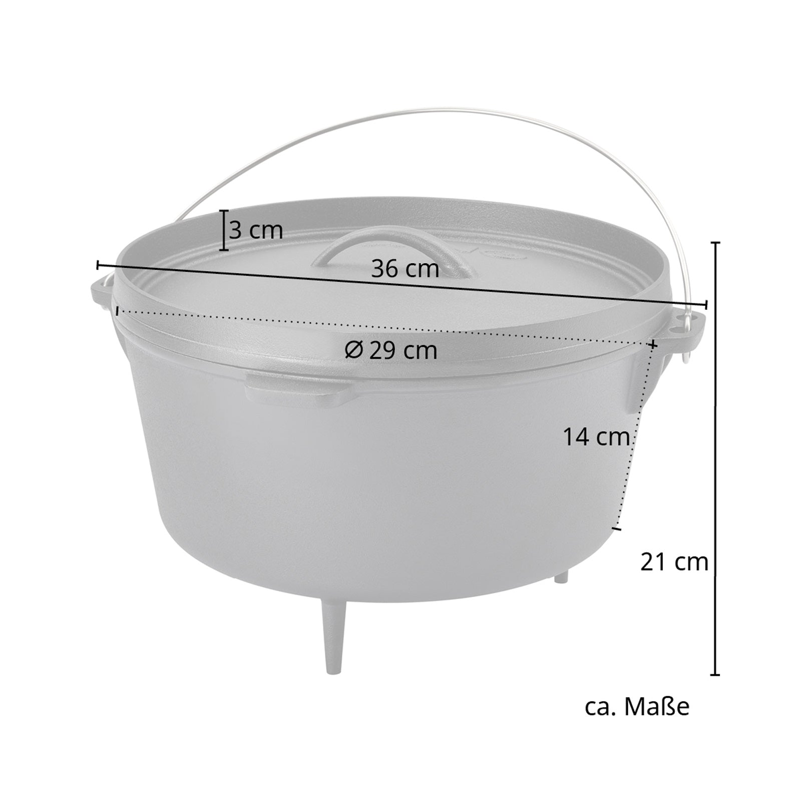TAINO Dutch Oven 8 Liter Maße: Höhe Topf: 14 cm; Höhe Deckel 3 cm; Höhe gesamt: 21 cm; Durchmesser: 36 cm; Innendurchmesser: 29 cm