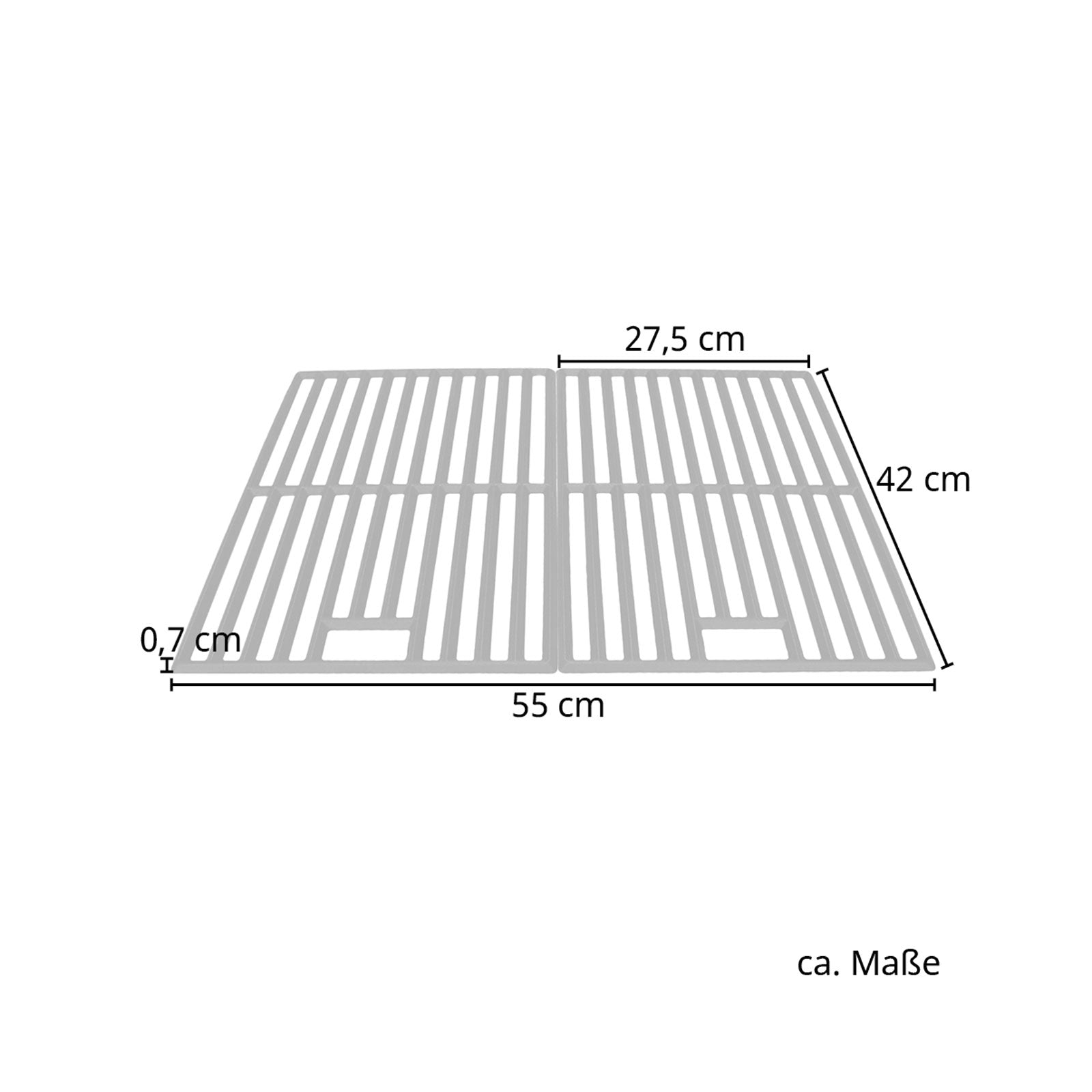 Maße des Gusseisenrosts: Breite: 55 cm, Tiefe: 42 cm, Materialstärke: 0,7 cm