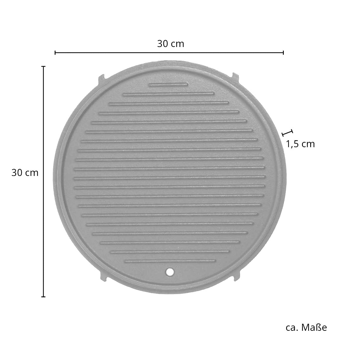 Maße der Gusseisen Grillplatte: Durchmesser 30 cm - Materialstärke: 1,5 cm