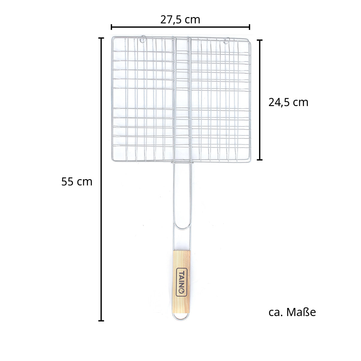 Maße Edelstahl Grillkorb Länge mit Griff 55 cm, Länge Grillkorb 24,5 cm, Breite Grillkorb 27,5 cm
