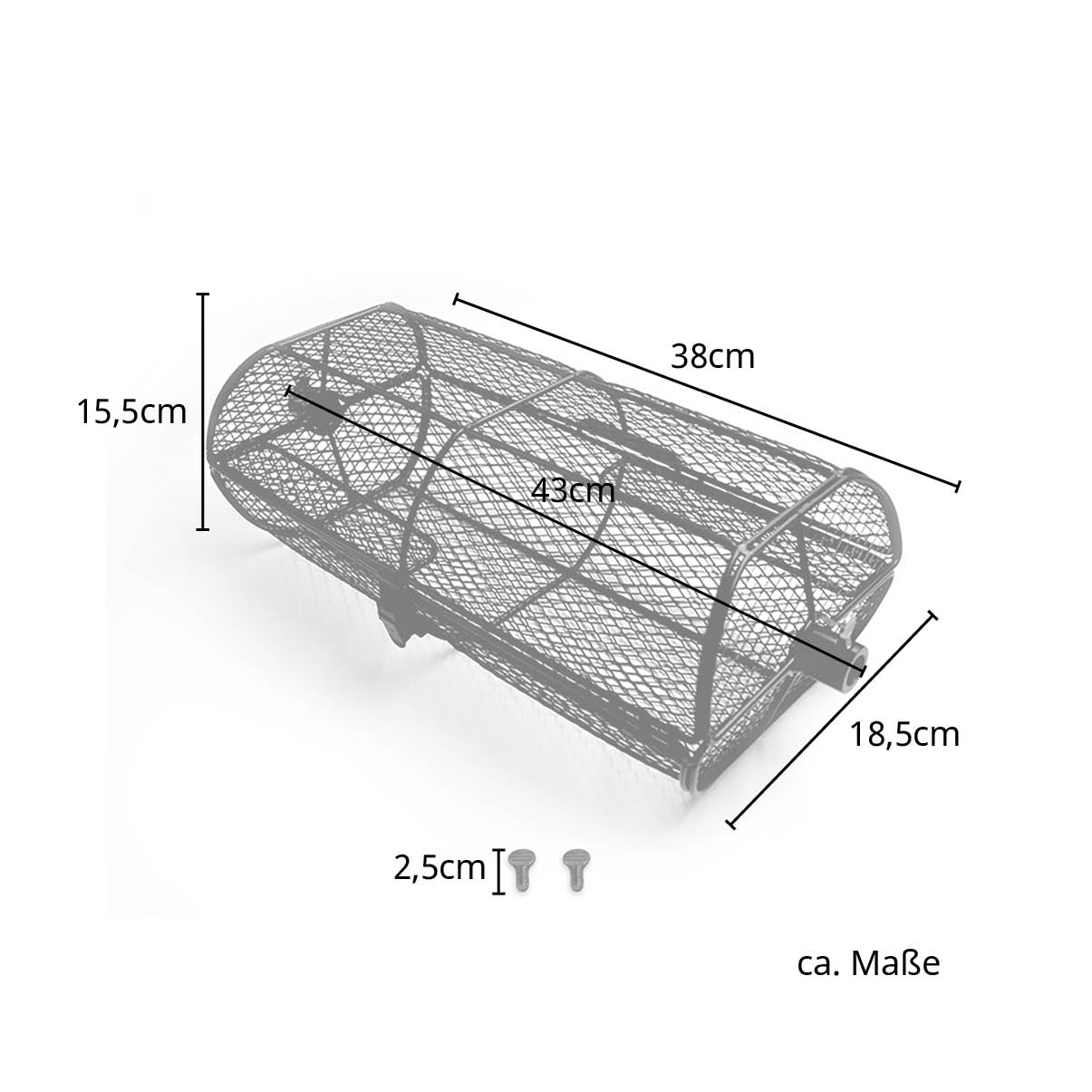 Maße des Grillkorbs: Länge Korb: 38 cm, gesamt: 43 cm; Breite: 18,5 cm; Höhe 15,5 cm; Schrauben: 2,5 cm