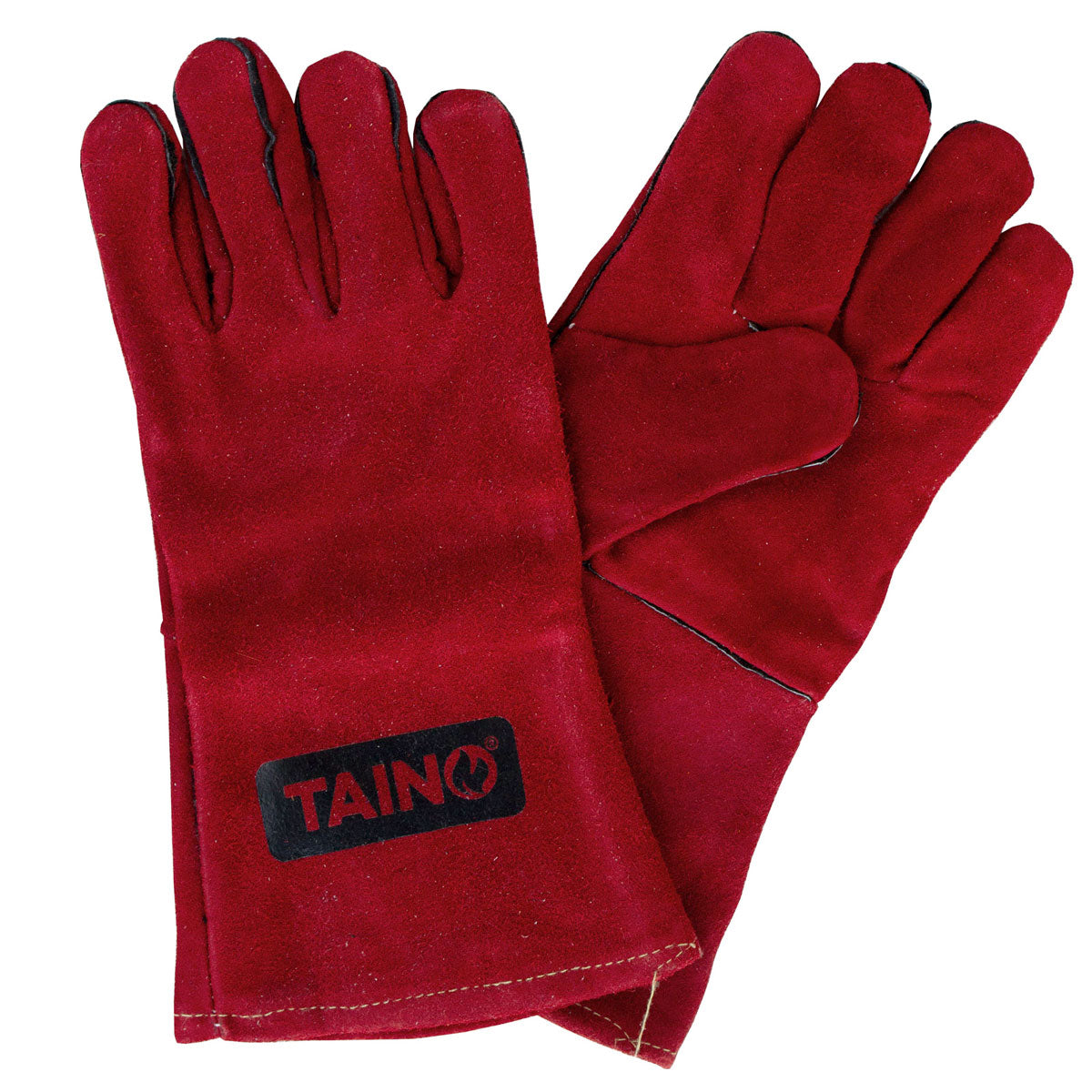 Ein paar hitzebeständige Grillhandschuhe aus rotem Leder mit schwarzem TAINO-Logo