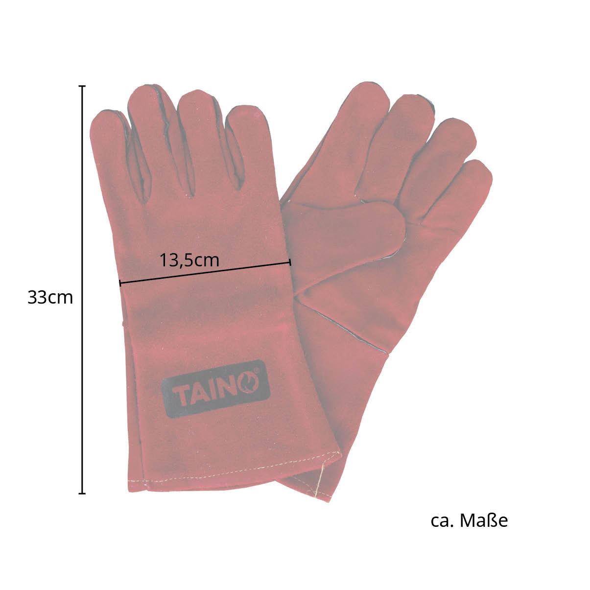 Maße der roten Leder-Grillhandschuhe: Länge 33 cm, Breite 13,5 cm