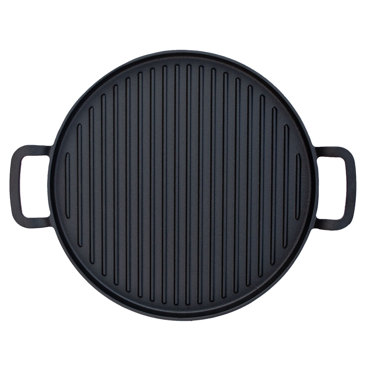 Schwarze Gusseisen Grillpfanne mit zwei Griffen von oben mit Struktur für Grillmuster