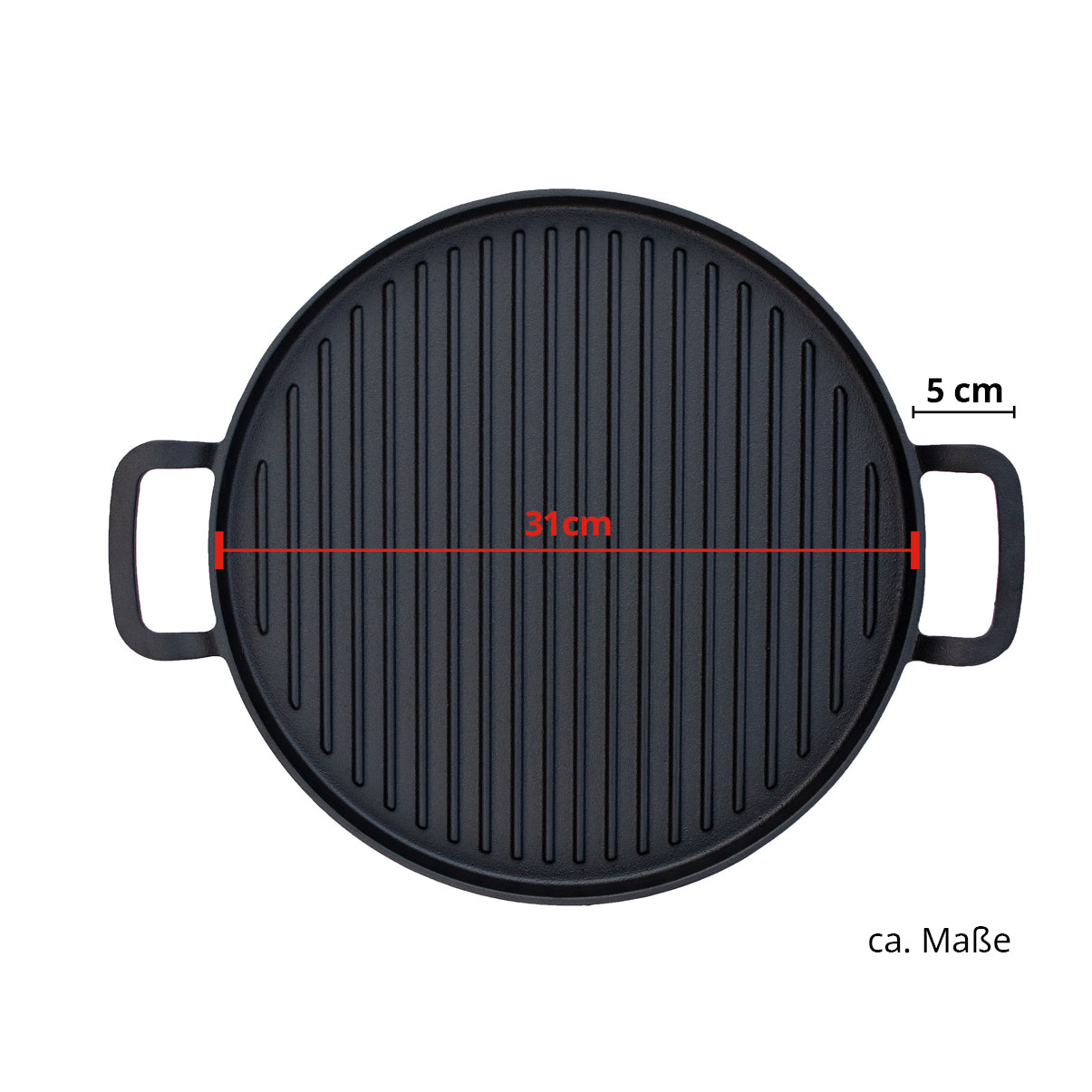 Maße der Grillpfanne: Durchmesser: 31 cm; Griffbreite: 5 cm