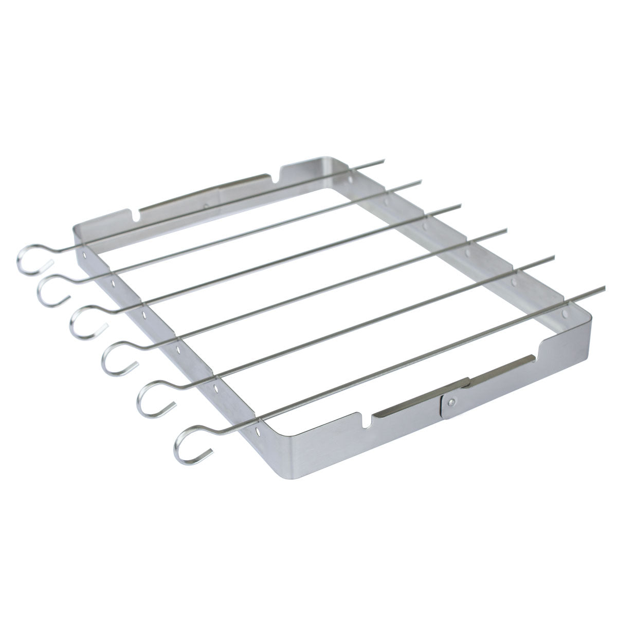 Sechs Edelstahl-Spieße liegen nebeneinander auf dem Spieß-Halter