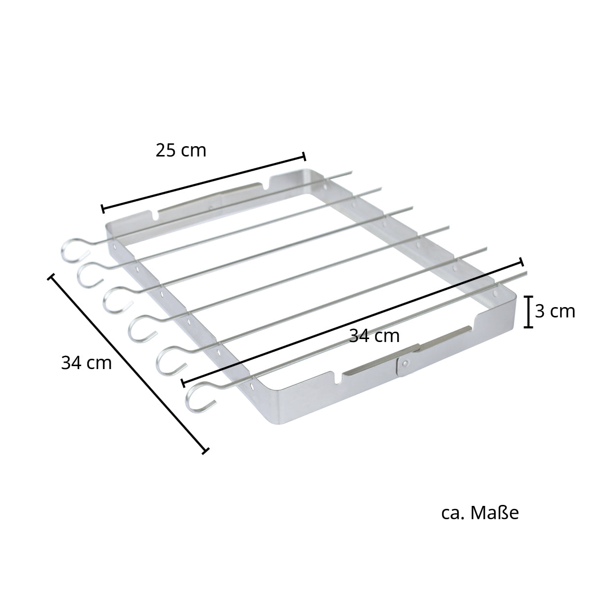 Maße des Spießhalters: Rahmen: 25 x 34 cm, 3 cm hoch; Länge der Grillspieße: 34 cm