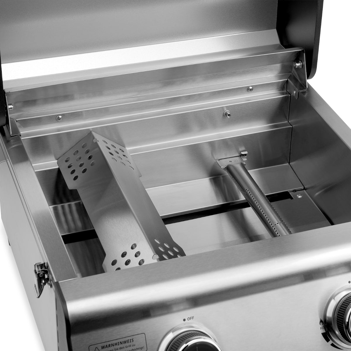 PLATINUM COMPACT Tisch Gasgrill Detailansicht Garraum mit  Hauptbrenner und Brennerabdeckungen aus Edelstahl